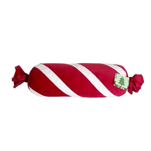 Peppermint Candy Cane Bolster Pillow Red White Stripe Plush Holiday Decor 20" - Picture 4 of 6